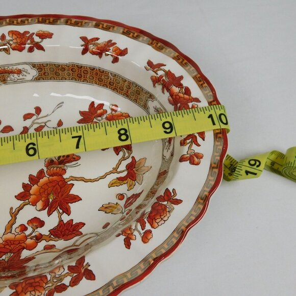 Spode Indian Tree 10 inch Oval Vegetable Bowl New Backstamp Orange Rust Scallop - Picture 12 of 12